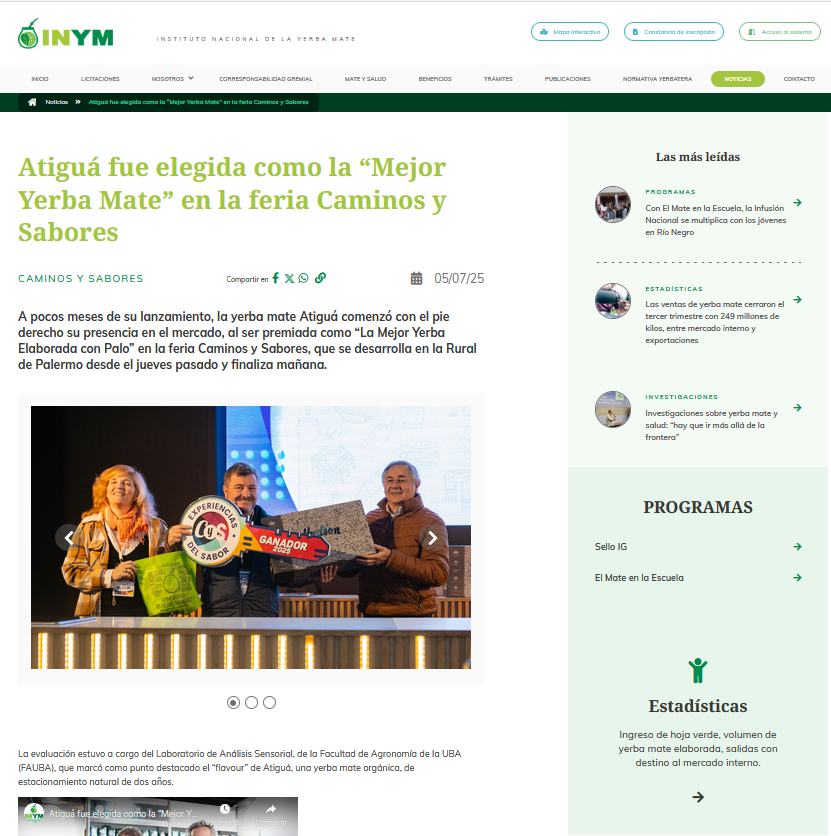 Atiguá fue elegida como la “Mejor Yerba Mate” en la feria Caminos y Sabores